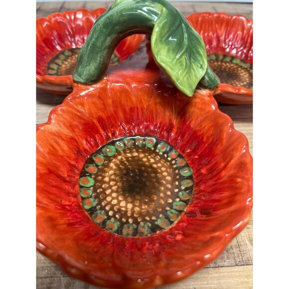 Maxcera Handcrafted Ceramic Sunflower Triple Bowl Dish - Picture 3 of 5